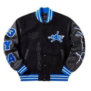Jordan Awake New York Varsity Jacket Mens Large Black Blue Leather FQ5439-010